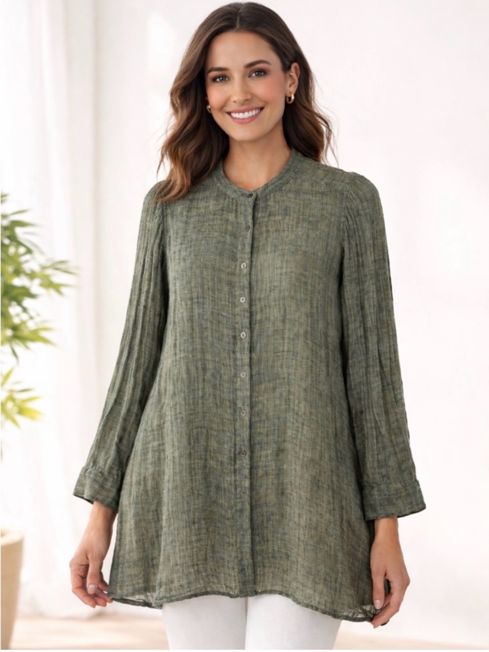 Eileen Fisher Linen Button-Front Olive Green Tunic Top - Women size XL